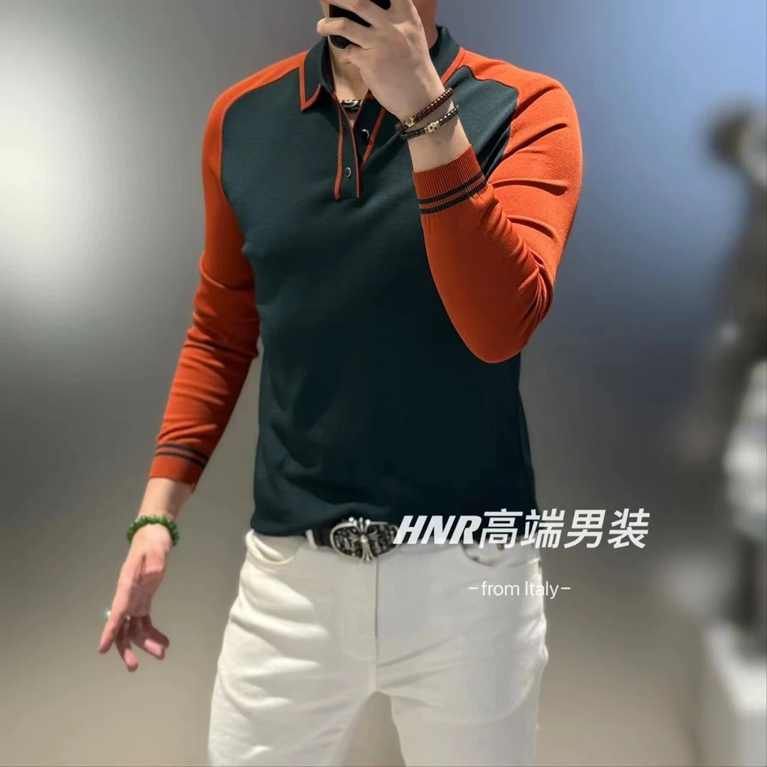 袖子撞色拼接针织新款男士休闲百搭时尚高品质长袖POLO衫K11-1