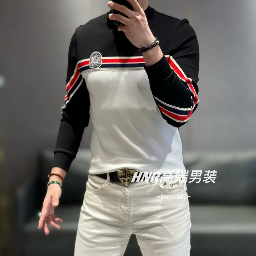 拼色条纹设计新款高端男士时尚休闲百搭打底T恤衫608