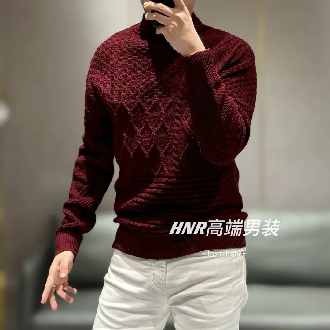 拼接针织提花图案高端男士时尚休闲百搭长袖针织羊毛衫HNR11