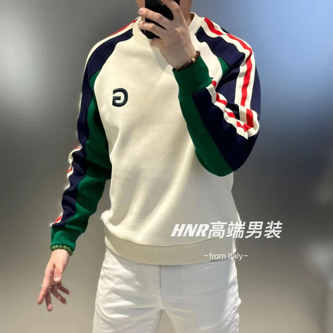 针织字母胸标条纹撞色新款高端男士秋季时尚休闲百搭圆领卫衣9191