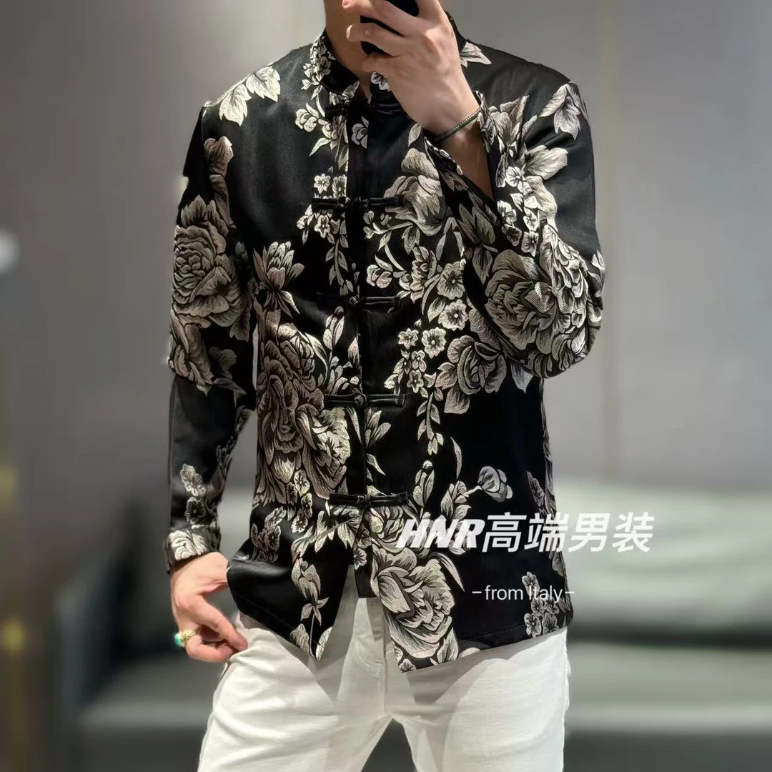 秋冬新款国风牡丹花绘图案男士时尚休闲潮流中国风衬衫3135