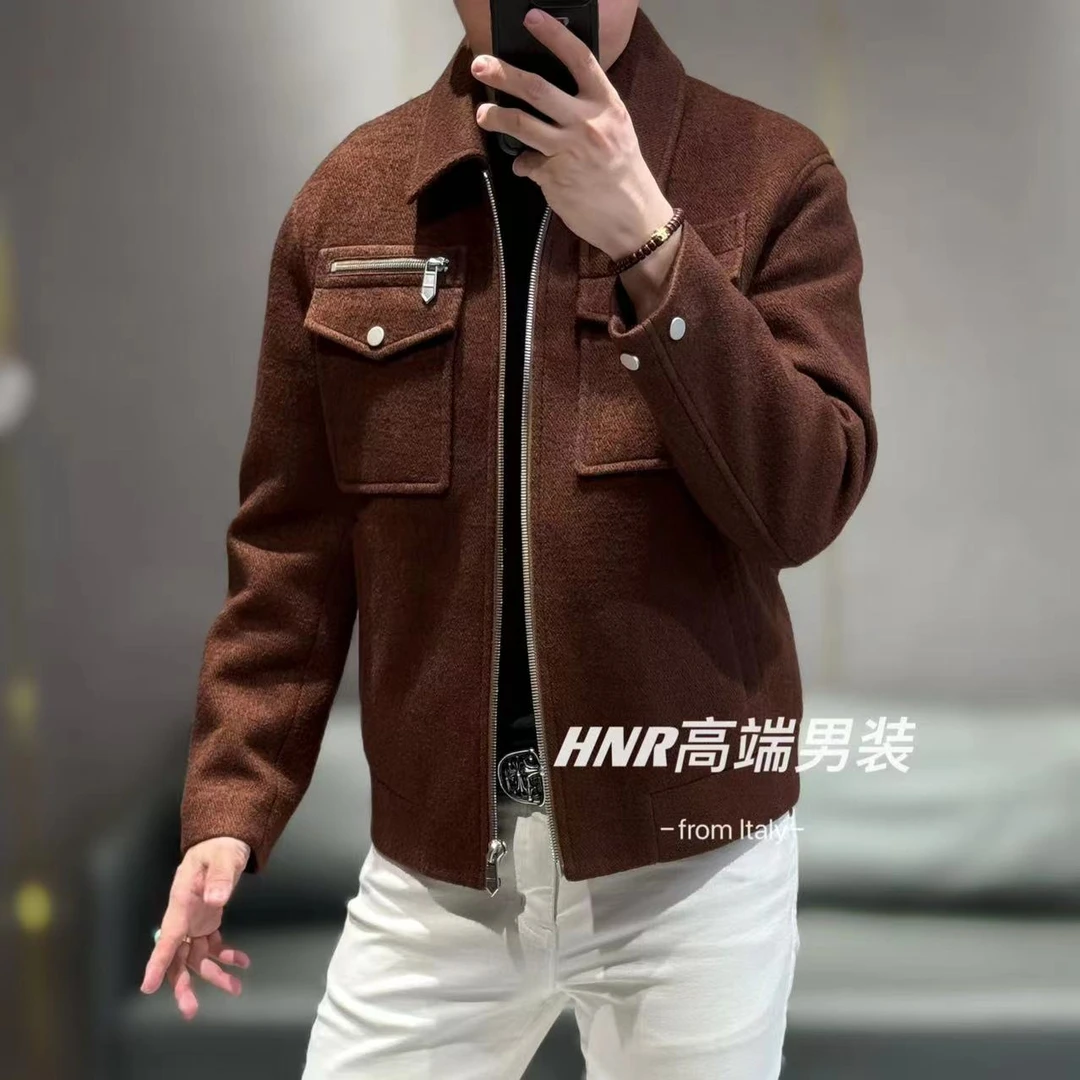 拉链装饰帅气潮流外套新款高端男士时尚休闲百搭羊毛夹克7087