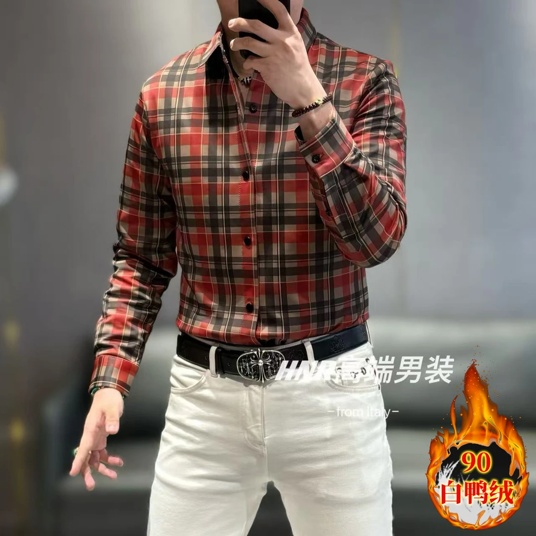 【白鸭绒】撞色格纹图案商务时尚休闲百搭衬衫羽绒服7265