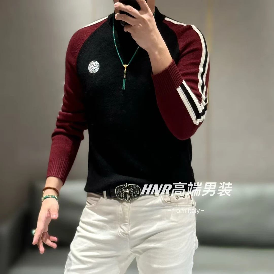 秋冬新款胸口刺绣胸标图案拼接气质百搭休闲打底长袖羊毛衫28719