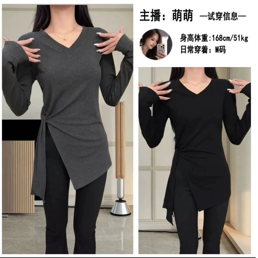 黑色不规则开叉修身长袖T恤早秋季女2025新款冷淡系独特别致上衣