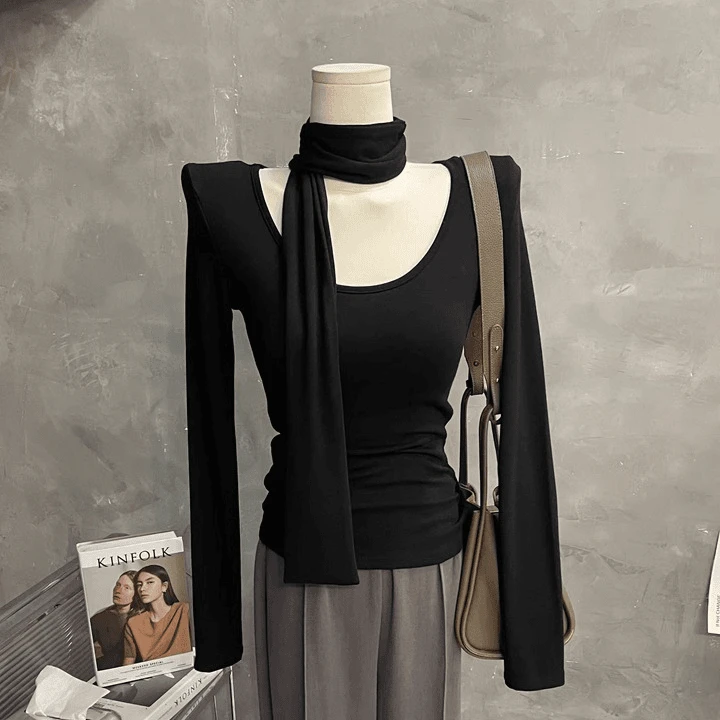 围巾内搭垫肩长袖T恤女性感修身U领纯色打底衫上衣不规则气质百搭