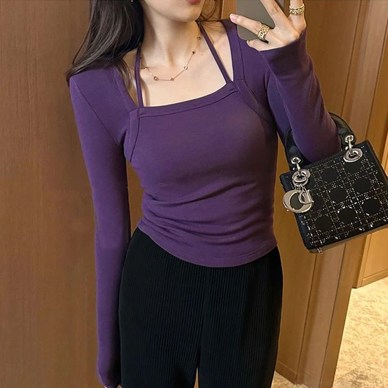 时尚休闲内搭打底长袖T恤冬季加绒修身显瘦外穿挂脖设计感女上衣