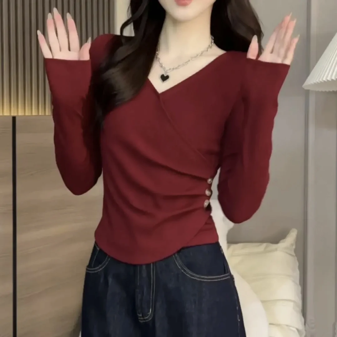 纯欲性感V领设计时尚百搭T恤女秋季打底新款修身显瘦长袖辣妹上衣