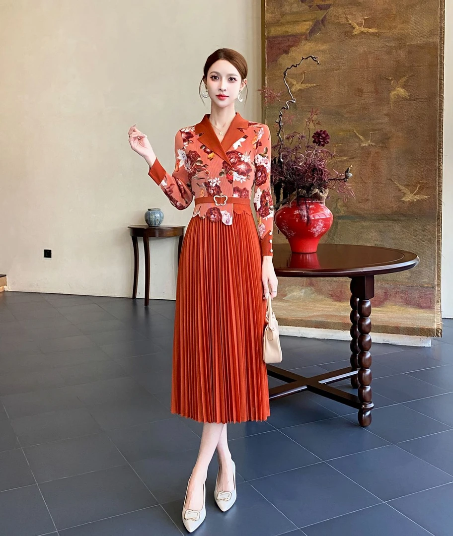 【文文家】SK227轻奢女装#&西装领印花复古早春新款连衣裙