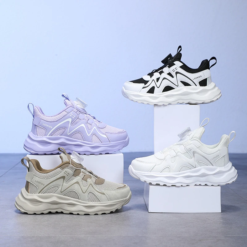 儿童鞋子6-12岁春秋新款网面透气旋转纽扣男女童运动鞋