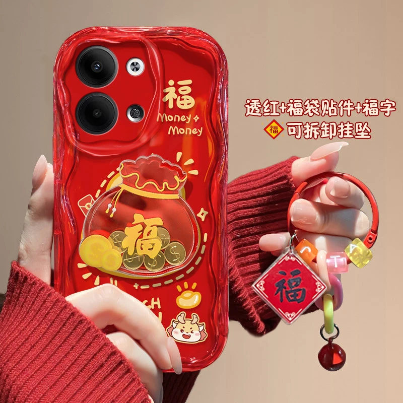 OPPOreno9手机壳PHM110新年福袋公仔挂坠奶油纹红色创意女防摔男