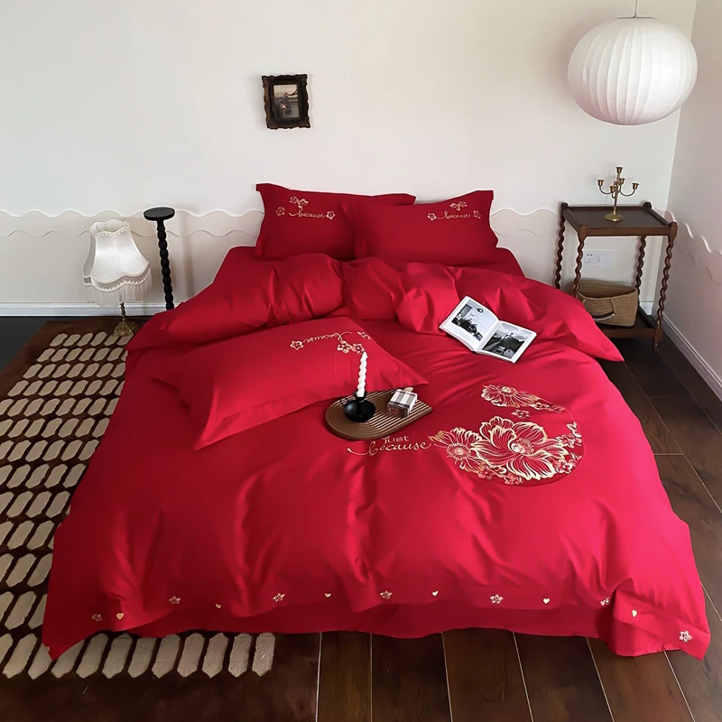 高端 婚亲庆100支双面长绒棉刺绣法式绣花全棉四件套四季款