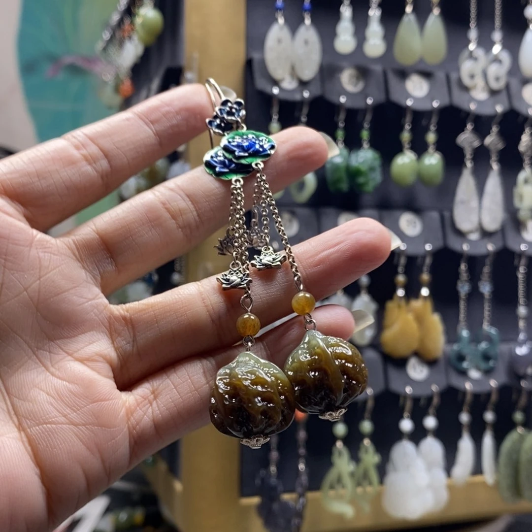 和田玉耳饰银S925镶嵌漫**端