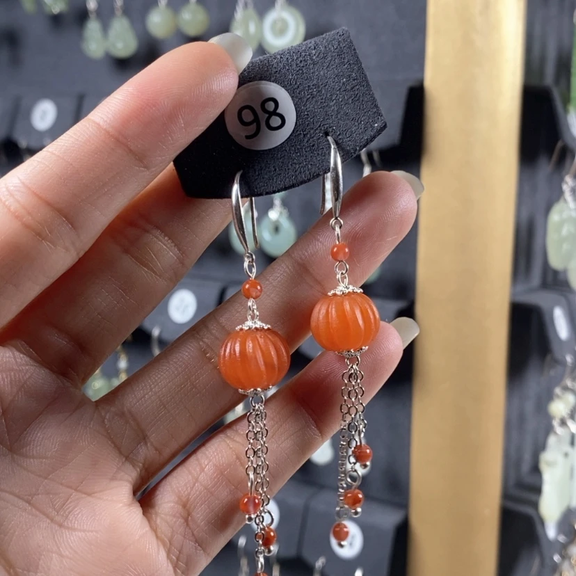 【闪购商品】南红玛瑙耳饰银S925镶嵌糖*