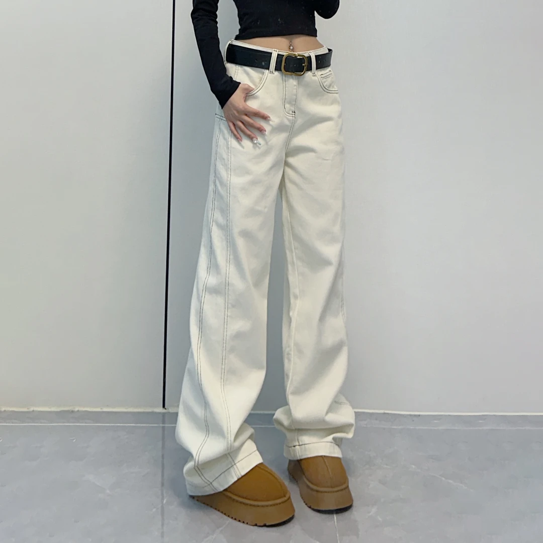 2025春款高腰直筒牛仔裤女加绒显瘦宽松百搭窄版直筒拖地裤Y0001