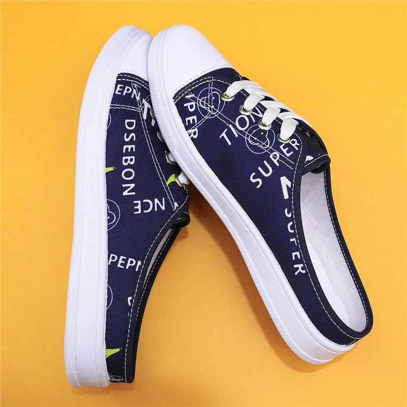 懒人女鞋半拖鞋女夏外穿春夏新款网红无后跟小白鞋女一脚蹬帆布鞋