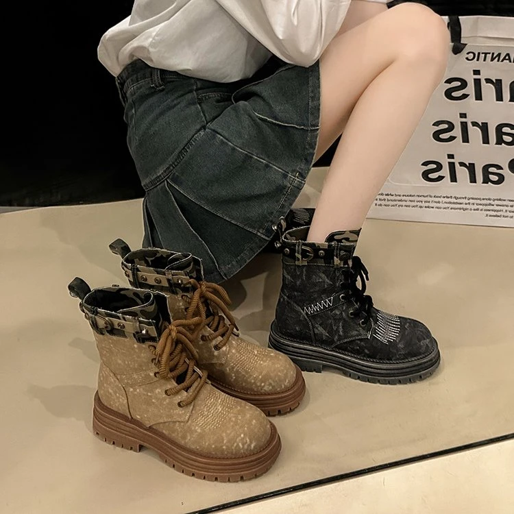 英伦风迷彩马丁靴女夏季单靴2024春秋新款透气机车靴复古拼色短靴