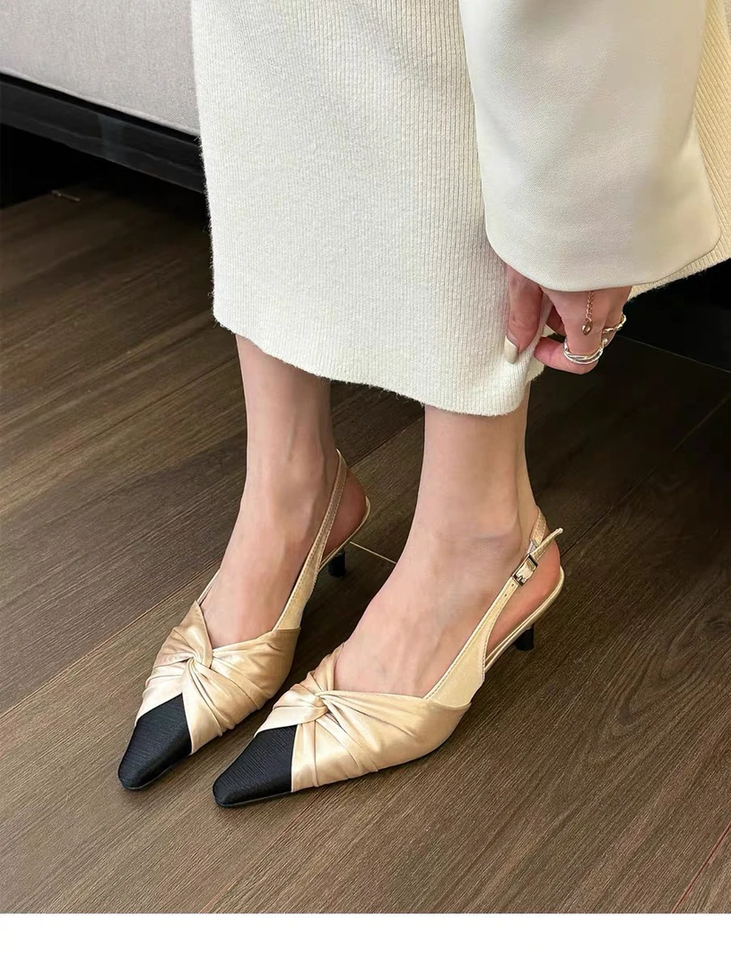 038-5 香港2025年绸缎尖头中高跟凉鞋女春夏季拼色细跟后空半包头