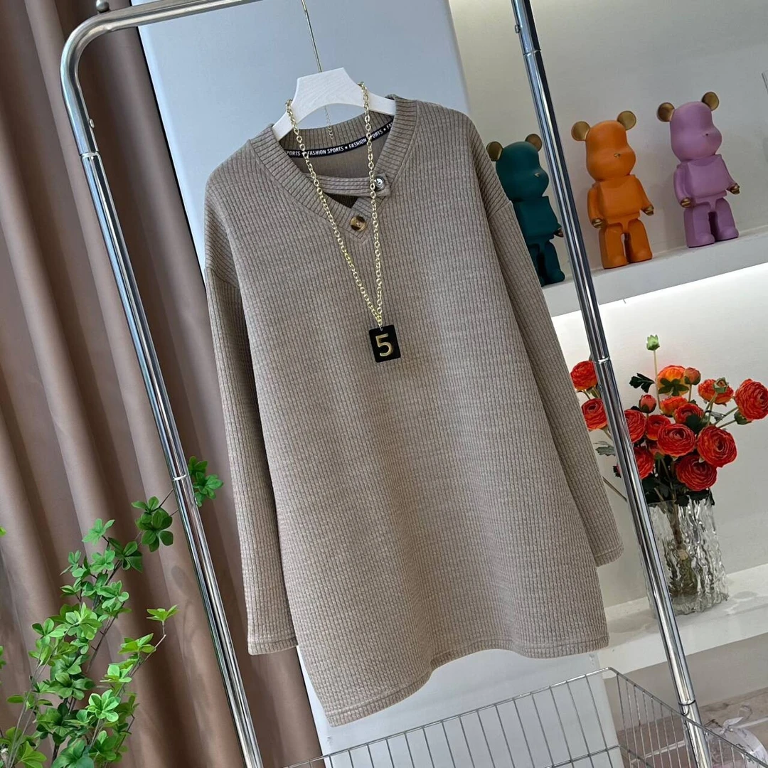 0236不规则V领打底衫秋冬时尚休闲百搭宽松长袖中长款纯色卫衣女