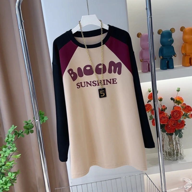 0283欧洲站高级拼色双面绒打底秋冬宽松显瘦休闲中长款圆领上衣女