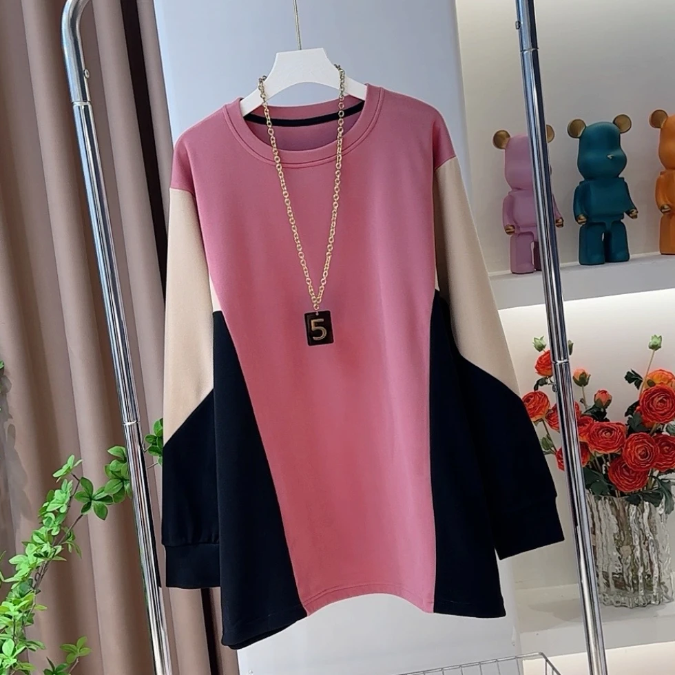 【现货】0299撞色拼接上衣加绒加厚双面绒休闲中长款长袖打底卫衣