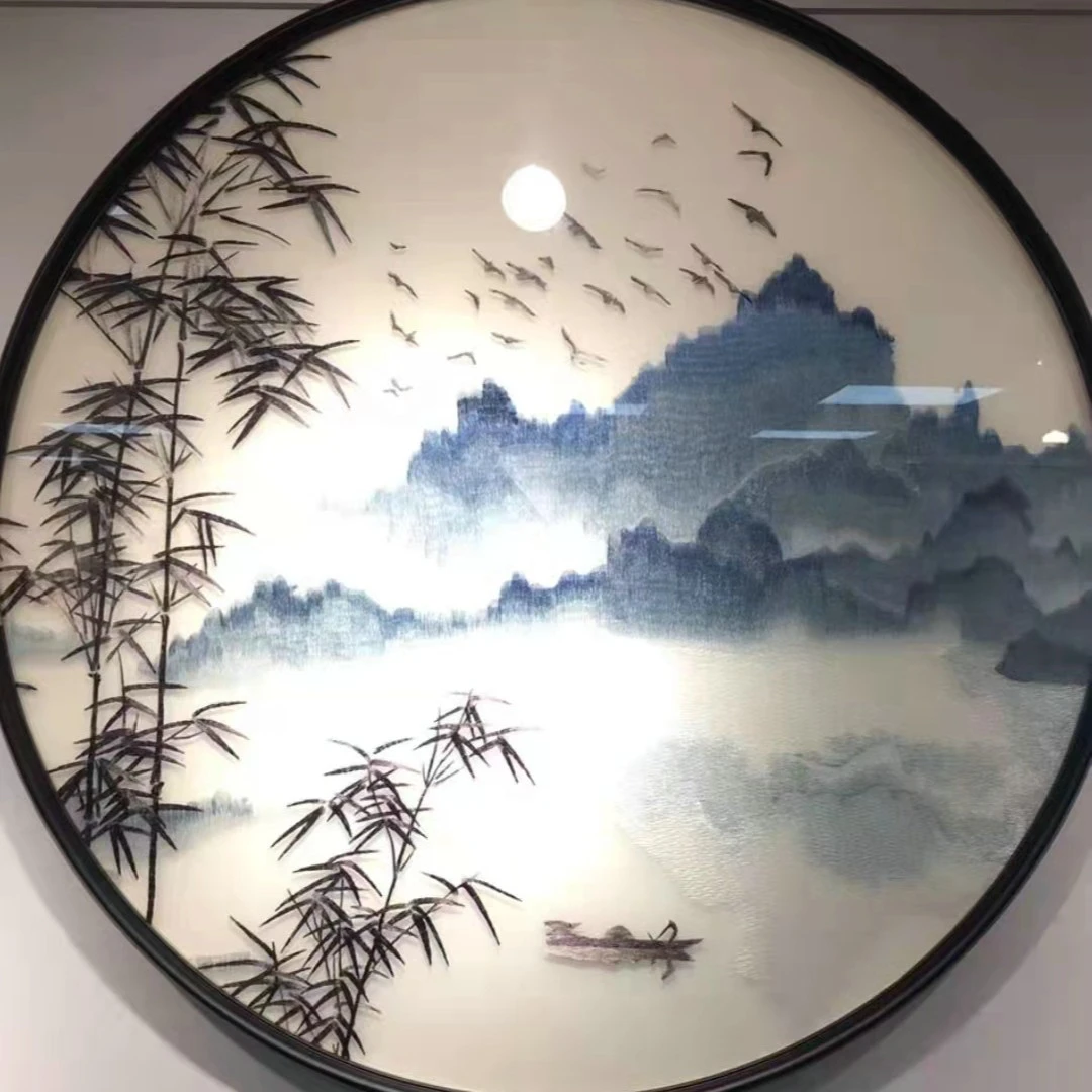 苏州刺绣仿手工清风竹韵带框成品圆形装饰画挂画竹子山水玄关礼品
