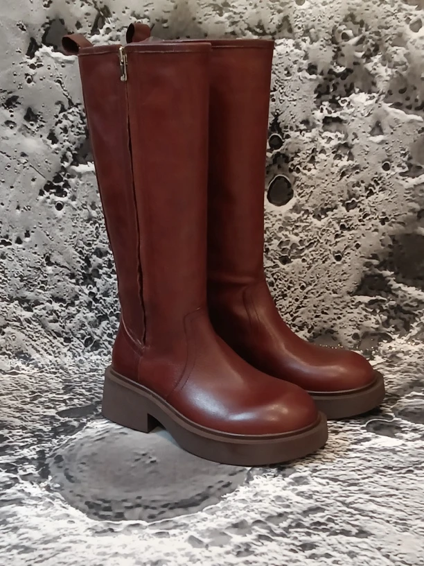 2 PEELOE 厚底圆头水洗马皮复古骑士靴长筒高靴