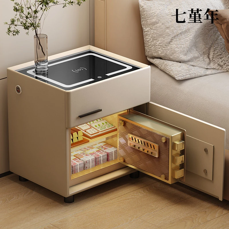 智能床头柜保险箱一体隐形保险柜实木多功能床边柜家用卧室储物柜