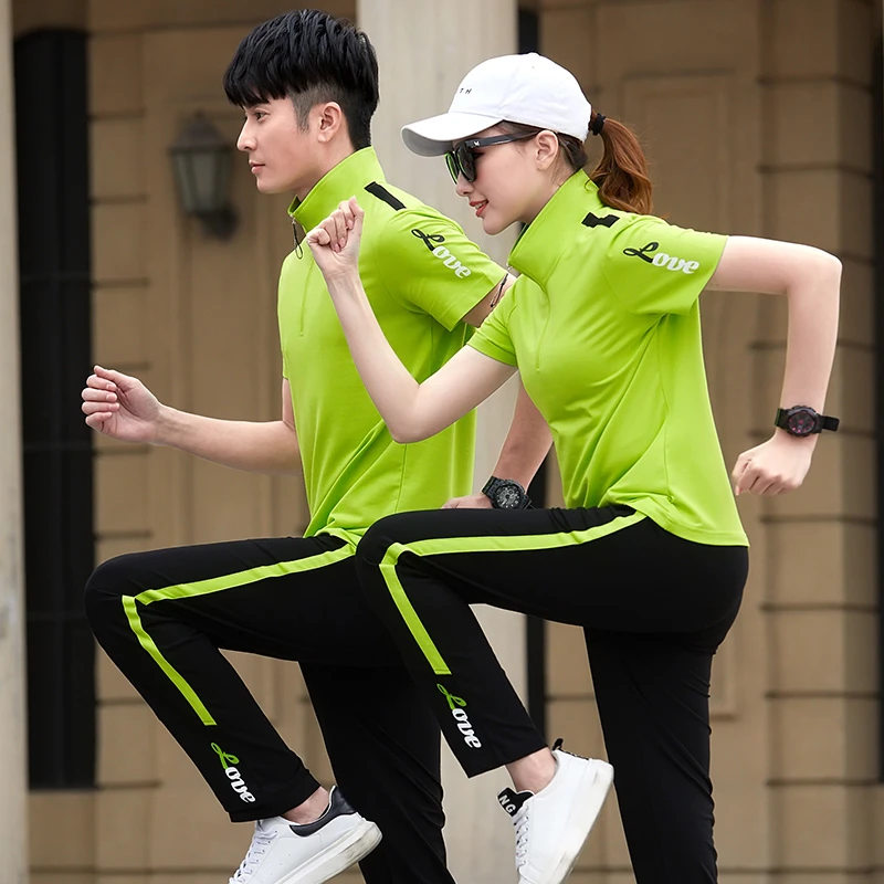 短袖长裤情侣运动套装夏季男女大码广场舞团队跑步休闲服两件套薄
