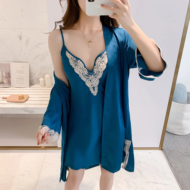 带胸垫冰丝睡衣女夏季性感薄款吊带睡裙两件套V领镂空洋气高级感