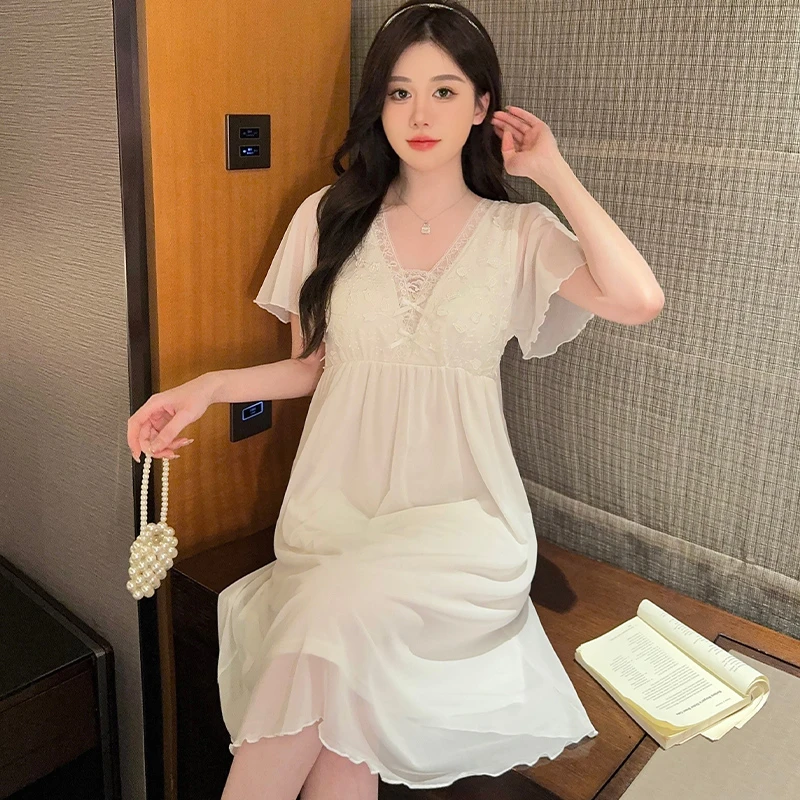 网纱带胸垫宫廷风性感睡裙夏季女款短袖薄款甜美家居服2024年新款