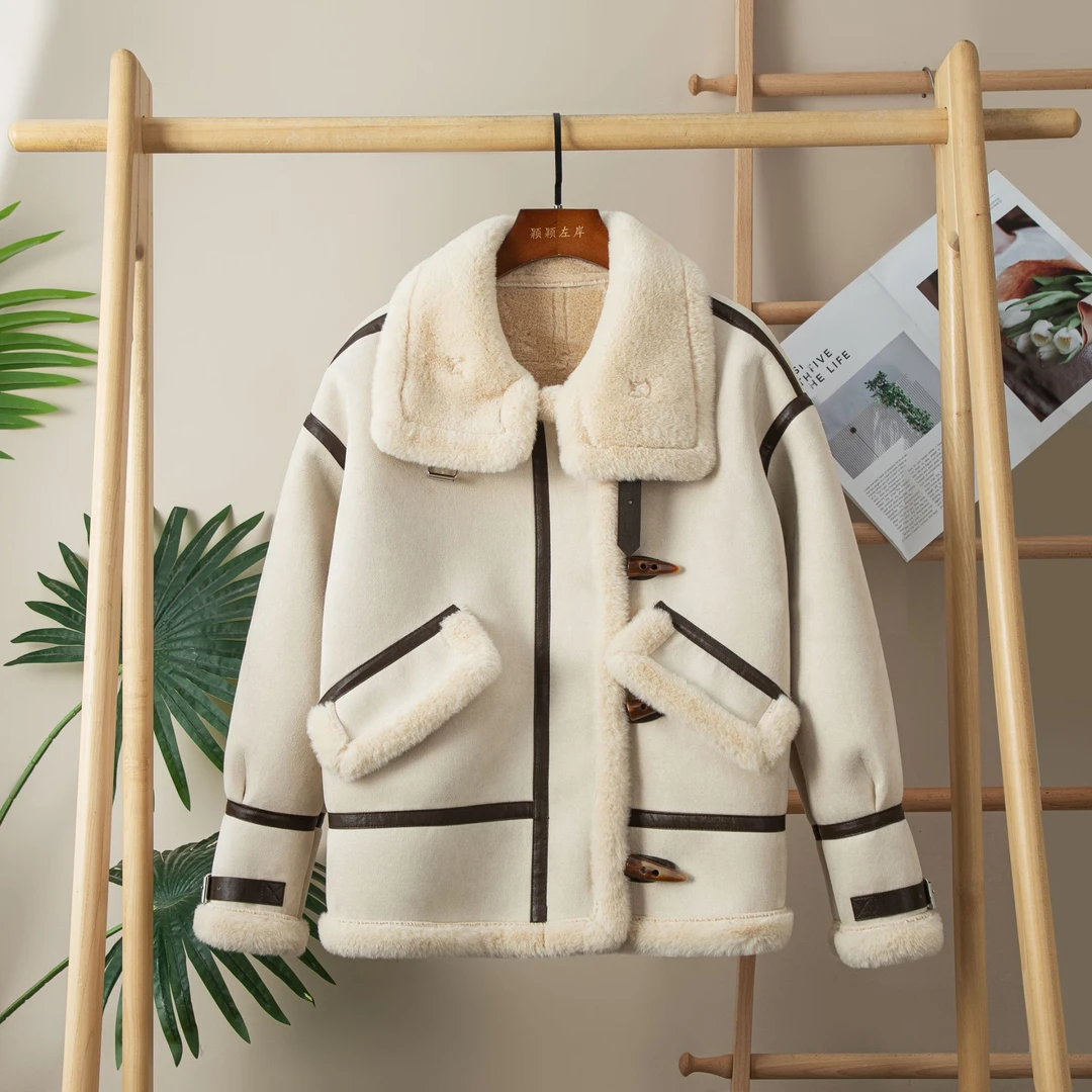 2307秋冬厚外套加厚皮毛一体机车服外套时尚拼接百搭宽松ZB1