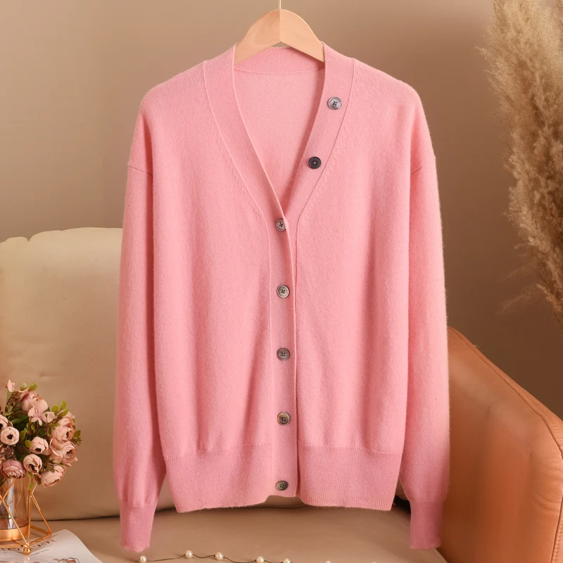 2024秋冬新款100%纯山羊绒衫宽松慵懒开衫女V领时尚外套大码毛衣