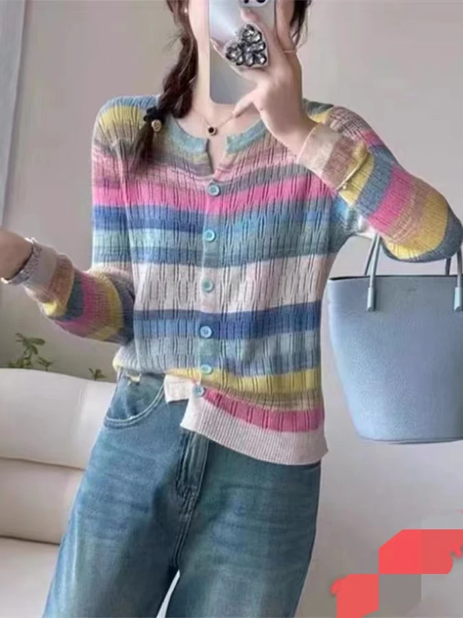 上衣长袖针织衫拼色女装气质毛衫时尚韩版红条纹毛衣宽松撞色显瘦