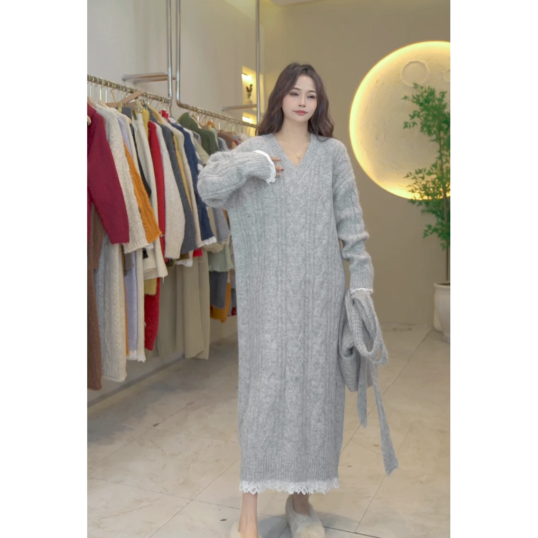 桔子甜了2024秋冬新款提花蕾丝边显瘦气质时尚休闲针织毛衣裙女