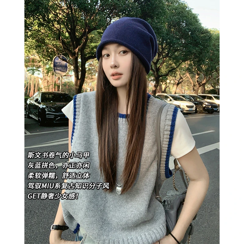 美洋MEIYANG蓝线马甲绵羊毛|知识分子撞色描边圆领百搭马夹背心