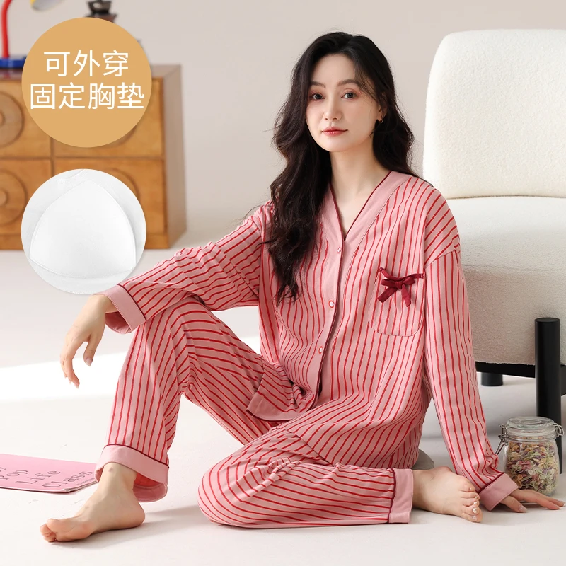 带胸垫睡衣女春秋季长袖加肥加大码200斤胖mm可外穿V领家居服套装