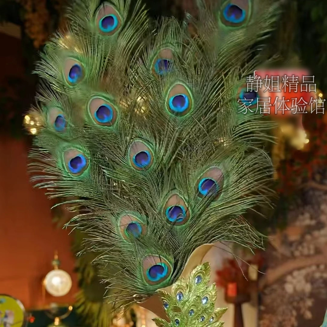 孔雀羽毛摆件孔雀翅轻奢客厅电视柜摆件绿色样板间孔雀羽毛