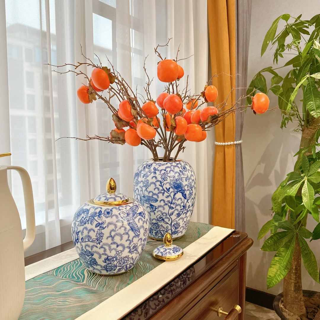 新中式柿子青花瓷花瓶仿真客厅插花装饰品装饰品花艺景德镇陶瓷工