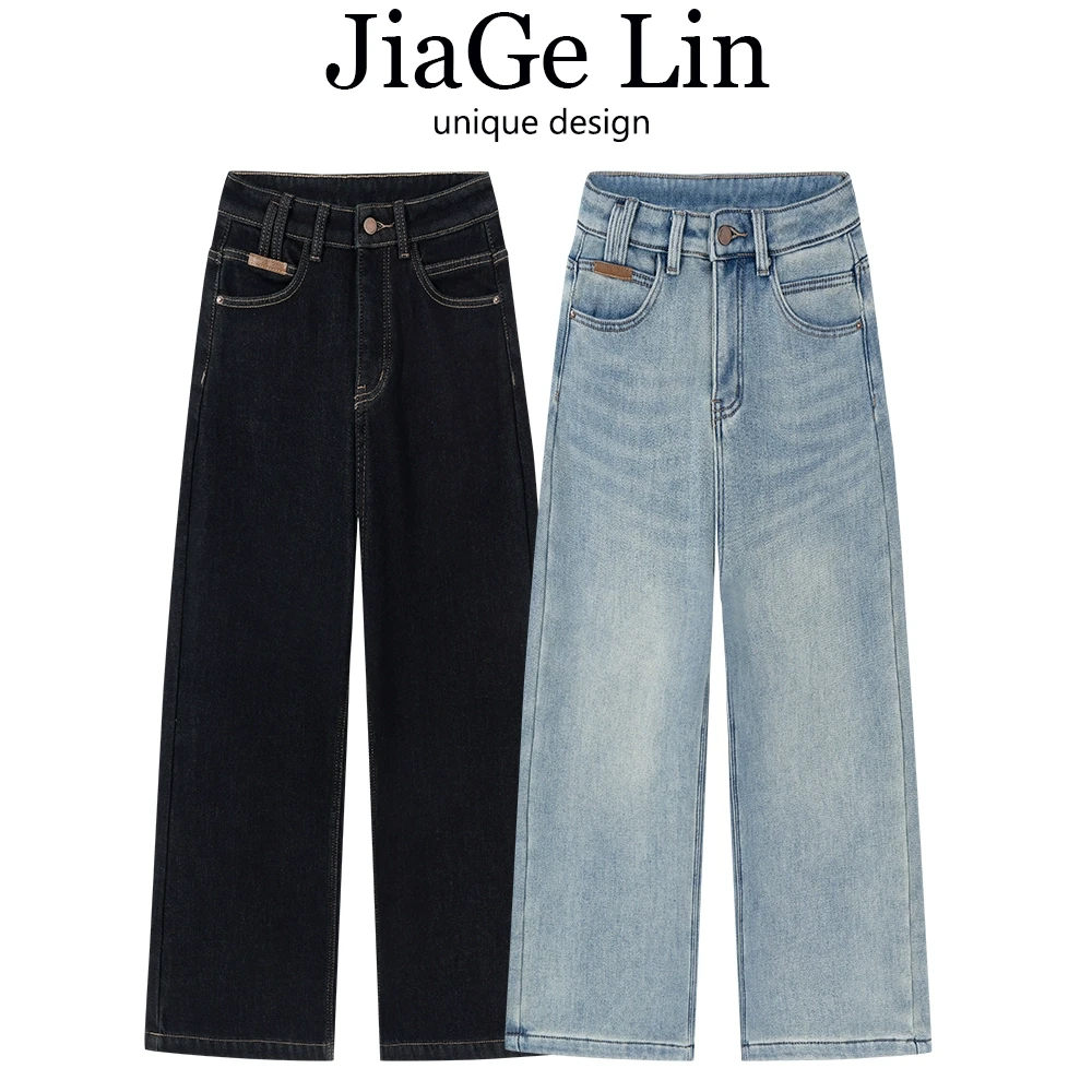 JiaGeLin浅蓝色韩系复古高腰牛仔裤女秋冬加绒加厚宽松直筒奶奶裤