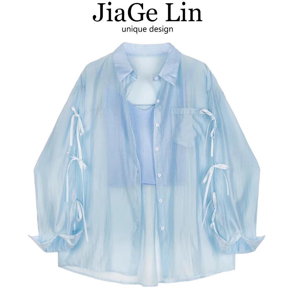 JiaGeLin韩式蝴蝶结绑带防晒衬衫两件套女夏季宽松设计感衬衣外套