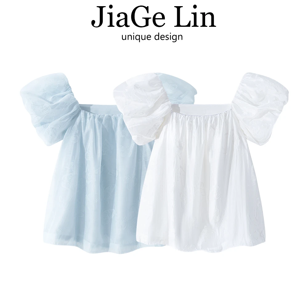 JiaGeLin法式气质方领泡泡袖衬衫小衫女夏洋气绝美别致一字肩上衣