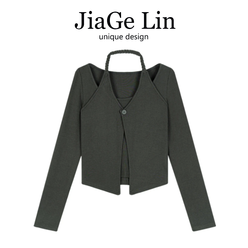 JiaGeLin韩系挂脖假两件小上衣女秋冬季设计感别致长袖内搭打底衫