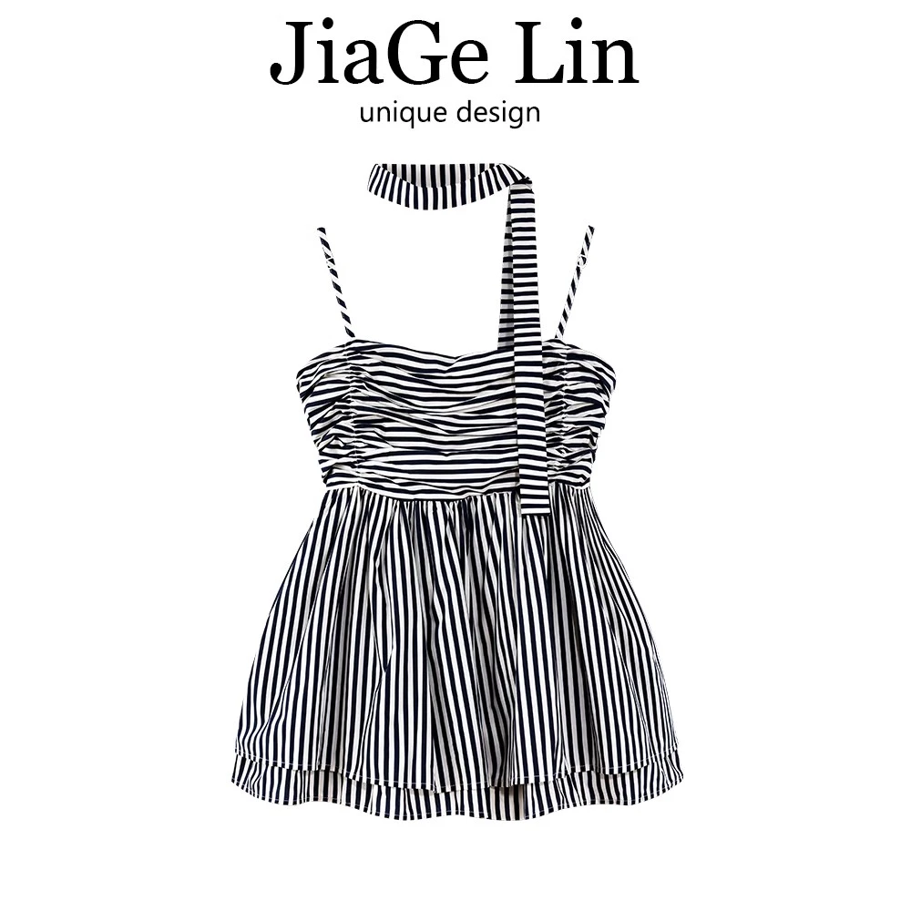 JiaGeLin韩系甜辣风吊带花苞上衣女夏新款飘带超好看抹胸无袖背心