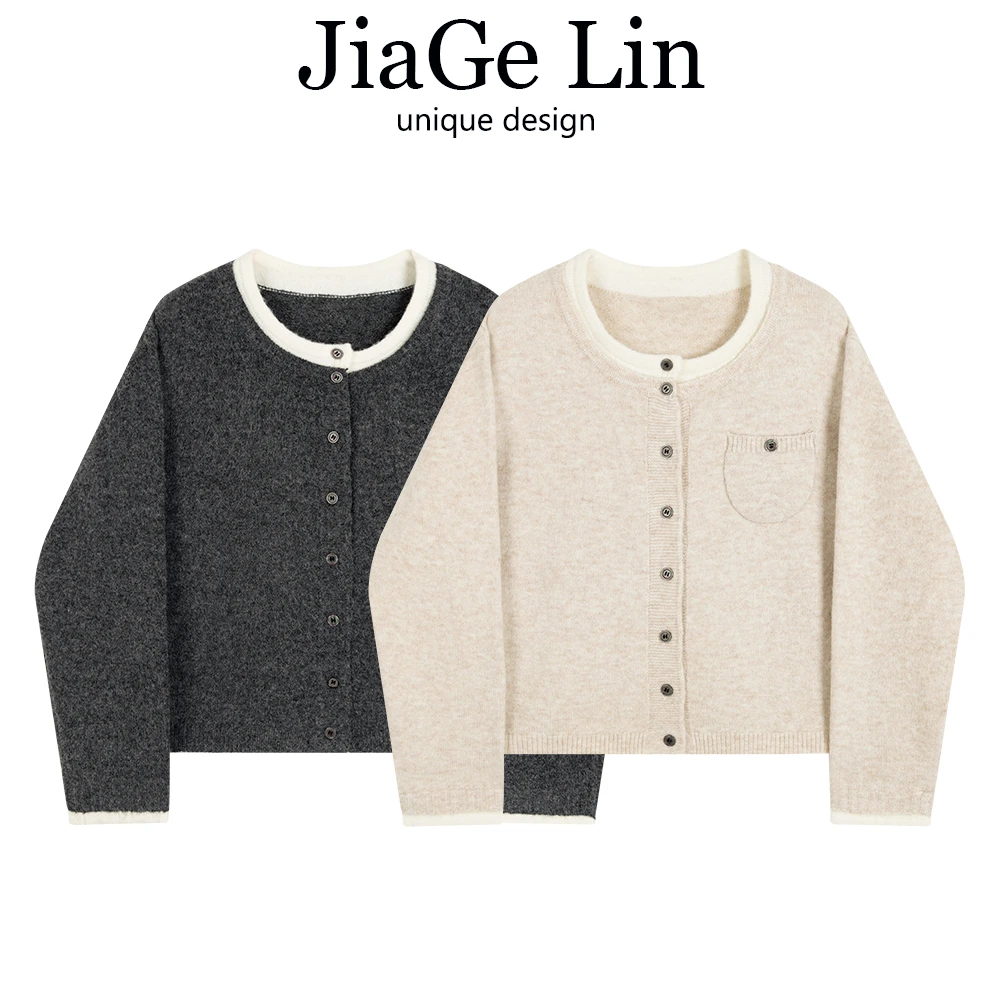 JiaGeLin小香风圆领软糯毛衣开衫女秋冬复古别致设计感拼色针织衫