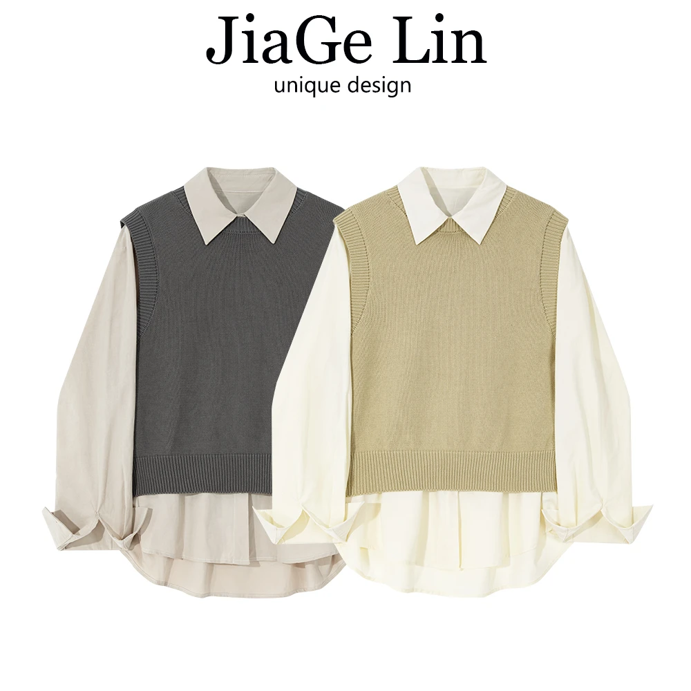 JiaGeLin针织背心叠穿衬衫女春秋冬韩系减龄气质学院风两件套上衣