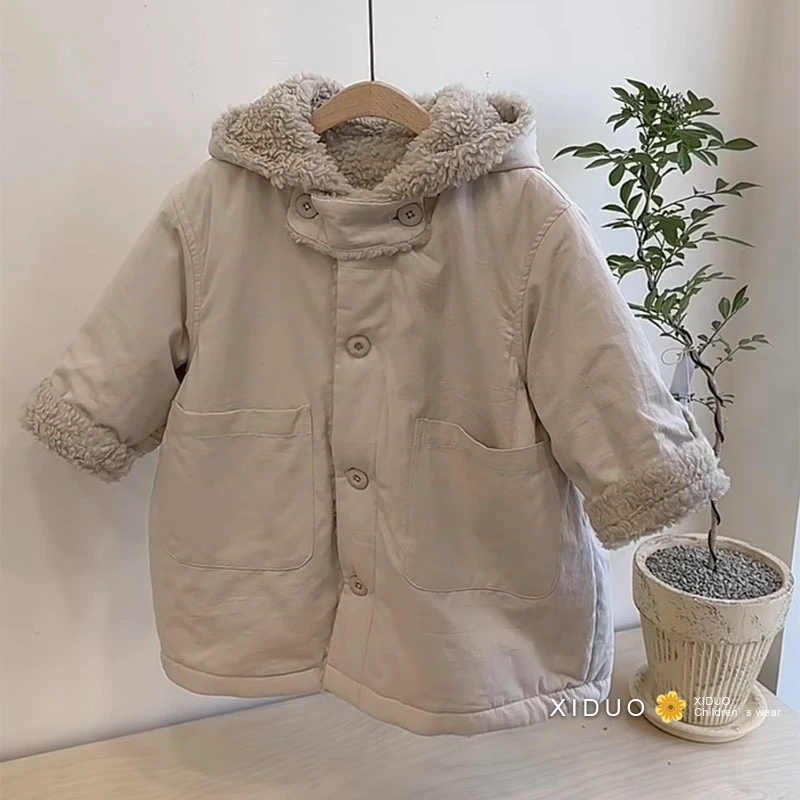 儿童韩版秋冬外套风衣女童连帽加绒加厚棉服宽松中长款时尚休闲