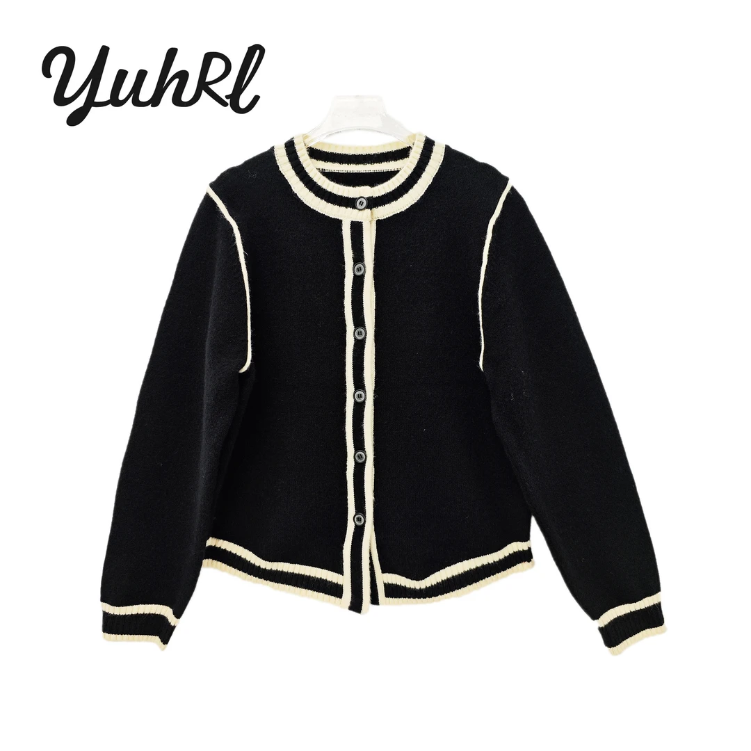 【遇幻YUHRL】气质复古撞色圆领短款针织开衫#70525