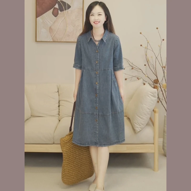 夏季新款韩版大码宽松休闲显瘦气质短袖牛仔连衣裙女919-1