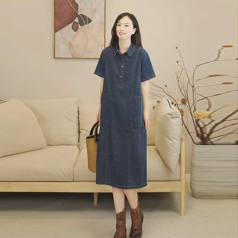 夏装新款韩版宽松大码休闲显瘦短袖气质牛仔连衣裙女6153